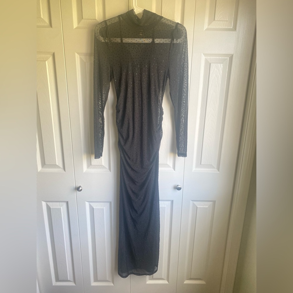 NEW Revolve AFRM Marni Black Rhinestone Sheer Long Sleeve Dress - Picture 3 of 10